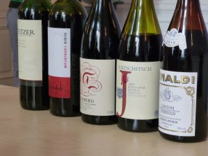 Die Rotweinriege für den Weinsensorik-Workshop Fünf Rotweine beim Weinsensorik-Workshop am Foodcamp 2014