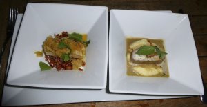 Maishendl / Lamm Maishendl mit jungem Kraut, Camargue-Reis & Taubnessel (links), Lamm mit Steinpilzragout, Zellerpüree & Pilzkraut (rechts)