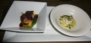 Seesaibling aus der Pfanne / Rillettes von der Räucherforelle Seesaibling aus der Pfanne mit Brennesselpaste & rotem Rübensaft (links), Rillettes von der Räucherforelle mit Wasserlinsen & Wasserminze (rechts)