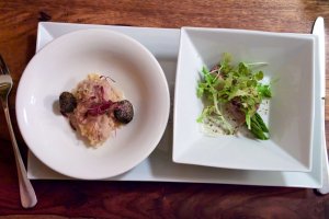 Knuspriges Lammhirn mit Graumorcheln, Couscous & rotem Amaranth / Grüner Spargel mit Züngerl, Kernöl & rotem Senf Knuspriges Lammhirn mit Graumorcheln, Couscous & rotem Amaranth / Grüner Spargel mit Züngerl, Kernöl & rotem Senf