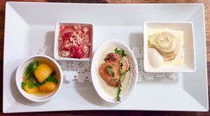 Mispeln, Orangenschokolade, Ananasbeignet, überbackene Topfenpalatschinke Mispeln mit Erdbeerminze / Orangenschokolade mit Blutorangensalat & Streusel / Ananasbeignet mit gesäuertem Huflattich & Verbene /Überbackene Topfenpalatschinke mit Eis von Brotgewürzen